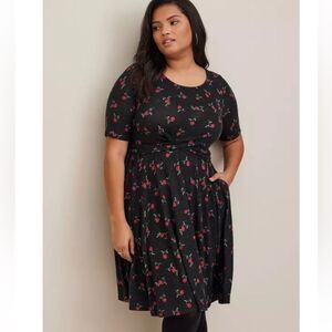 Torrid Women’s Size 3 Cherry Black Mini Hacci Wrap Front Skater Dress EUC